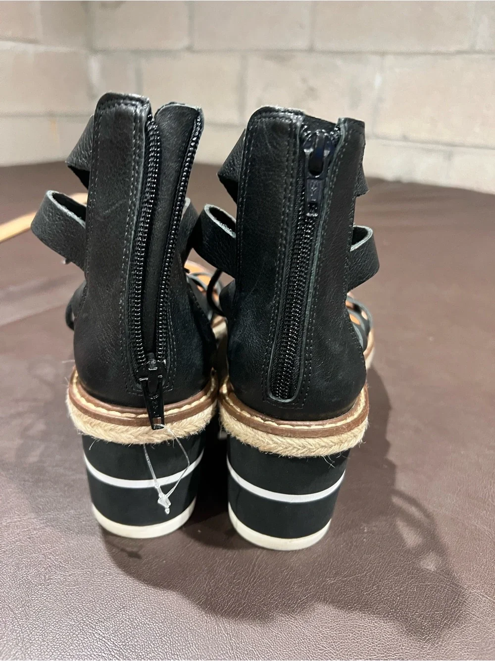 GB Black Gladiator Wedge Sandals Lace Up Zipper Leather Upper Rubber Sole Women